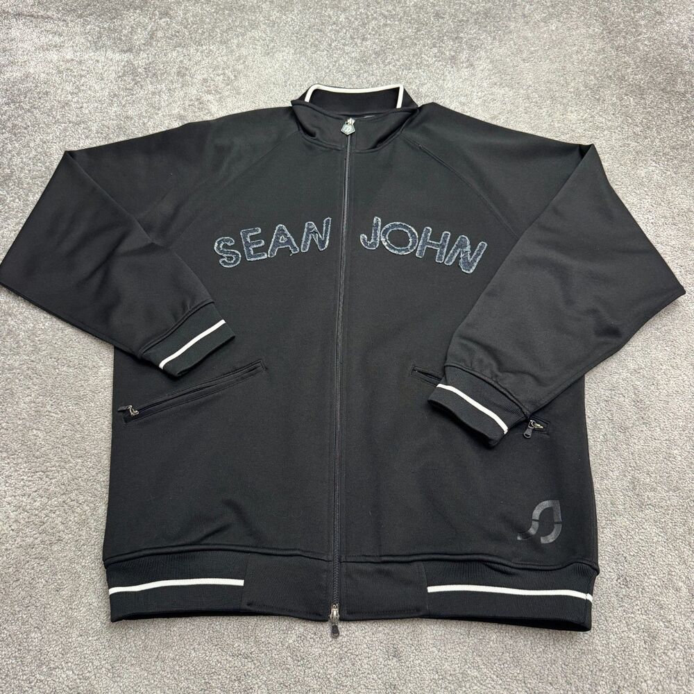 Sean John Spell Out Embroidered Logo Track Jacket Men XL Black Y2K Velour Pocket